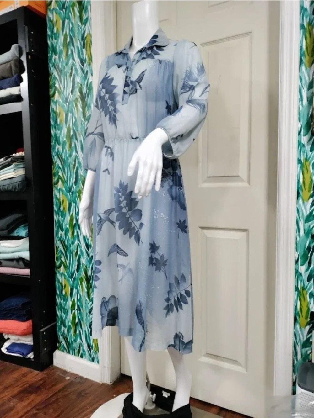 VTG 60's Petites By Penny Young Floral Bird Print Midi Dress Blue Womens Size 10 - Picture 4 of 15